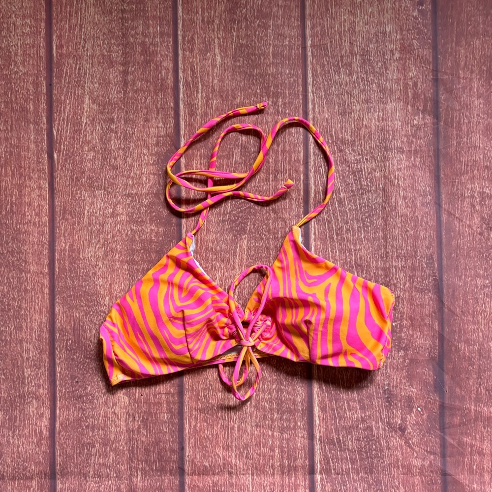 SHEIN Pink and Orange Striped Bikini Top